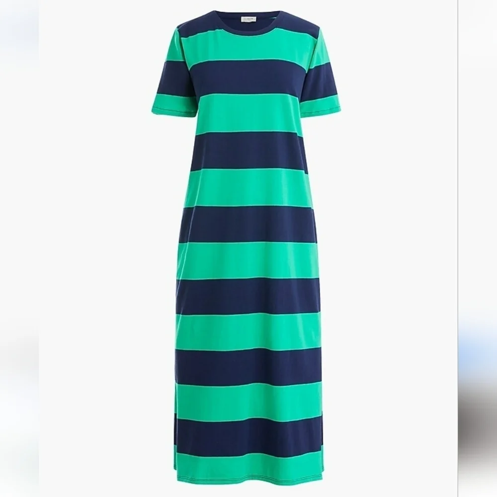 J. Crew Striped Green and Blue Midi Cotton T Shirt Dress Sz Small